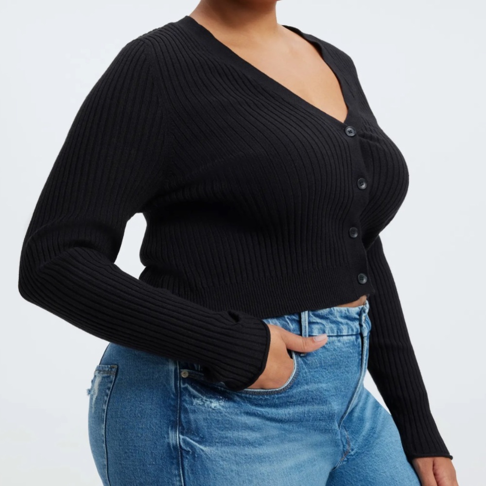 Good American Black Cozy Rib Crop Cardigan Size 3XL NWT - Picture 2 of 13